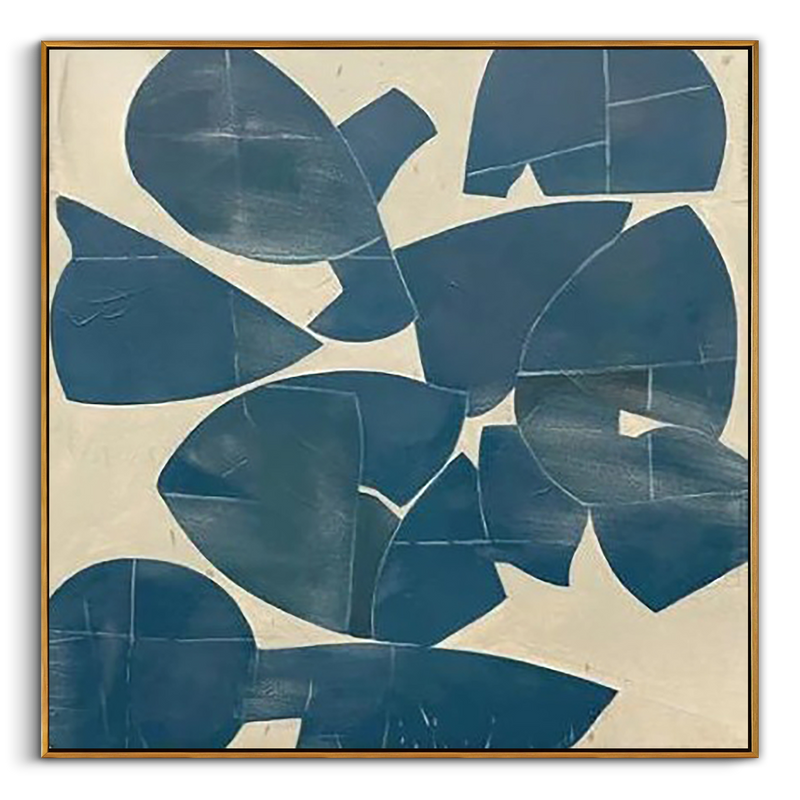 "Deep Blue Narrative" – Mid-Century Modern Geometric Collage | Minimalist Prussian Blue Textured Statement Art #AB1021