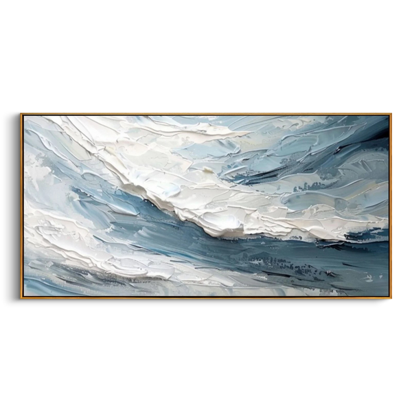 "Frozen Tide" – 3D Sculptural Heavy Impasto Wave | Modern Minimalist Blue & White Horizontal Gallery Art #PT 544