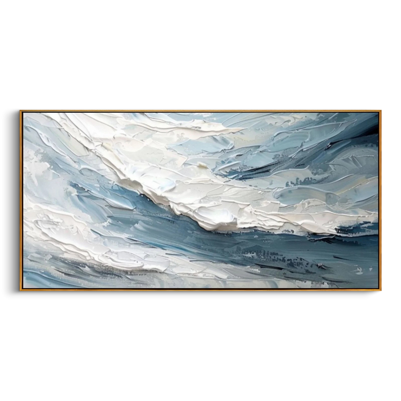 "Frozen Tide" – 3D Sculptural Heavy Impasto Wave | Modern Minimalist Blue & White Horizontal Gallery Art #PT 544