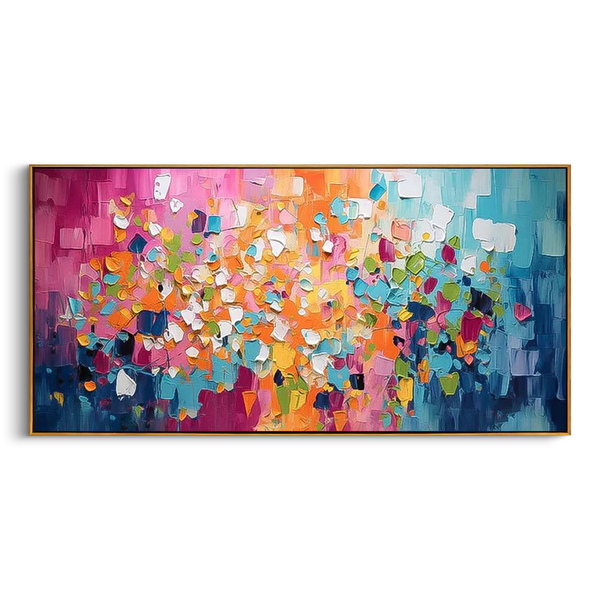 "Rainbow Rhythm" – Mosaic Block Impasto Abstract Oil Painting | Panoramic Vibrant Dopamine Wall Art#PT 494