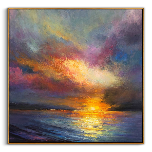 "Aria of Light" – Modern Statement Sunset Seascape Impasto | Bold Purple & Gold Luxury Textured Art #BE064