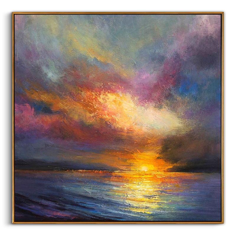 "Aria of Light" – Modern Statement Sunset Seascape Impasto | Bold Purple & Gold Luxury Textured Art #BE064