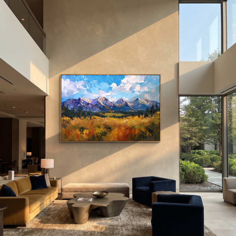 "Blue Mountain Meadow Landscape Painting" - Modern Heavy Impasto Landscape Artwork | Blue & Golden Palette Knife Painting | Luxury Horizontal Wall Art #PT 622