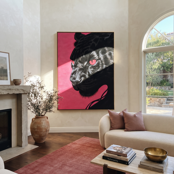 "Shadow Jaguar" – Modern Textured Jaguar Oil Painting | Black & Pink Vertical Wall Art #PT 588