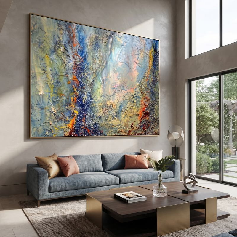 "Blue Green Abstract Texture Painting" - Modern Heavy Impasto Abstract Artwork | Blue & Green Palette Knife Painting | Luxury Horizontal Wall Art #PT 616