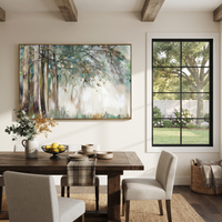 This 100% hand-painted abstract artwork features this hand-painted horizontal canvas presents a quiet birch forest with pale tree trunks, airy green foliage, soft white mist, and delicate golden textured accents scattered through the branches. Layered brushwork creates a calm woodland atmosphere for living rooms, bedrooms, studies, entries, and serene modern interiors.