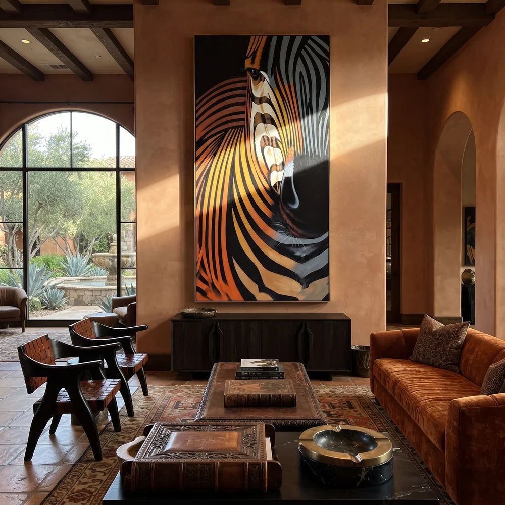 "Zebra Stripe Graphic Wall Painting" - Modern Heavy Impasto Western Animal Artwork | Black & White Palette Knife Painting | Luxury Vertical Wall Art #PT 638