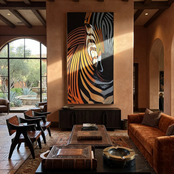 "Zebra Stripe Graphic Wall Painting" - Modern Heavy Impasto Western Animal Artwork | Black & White Palette Knife Painting | Luxury Vertical Wall Art #PT 638