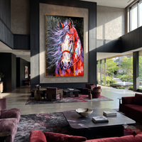 This 100% hand-painted western animal artwork features this hand-painted vertical canvas presents a vivid horse portrait with white mane movement, red and black ground, purple strokes, and energetic folk expression. Layered brushwork, tactile surface detail, and a refined framed presentation create a distinctive statement for living rooms, bedrooms, offices, entries, and modern commercial interiors.