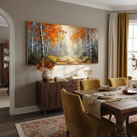 This 100% hand-painted abstract artwork features this hand-painted horizontal canvas presents a horizontal autumn birch forest with glowing golden leaves, grey trunks, green shadows, and a sunlit woodland path. Layered brushwork, tactile surface detail, and a refined framed presentation create a distinctive statement for living rooms, bedrooms, offices, entries, and modern commercial interiors.