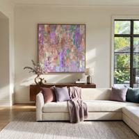 This 100% hand-painted abstract artwork features this hand-painted square canvas presents a modern abstract surface of raised vertical palette-knife bands, soft pastel pink passages, lavender-purple accents, turquoise-blue marks, and layered cream neutral texture. The sculptural composition feels quiet yet expressive, making it a refined focal point for living rooms, bedrooms, offices, entries, and contemporary interiors.