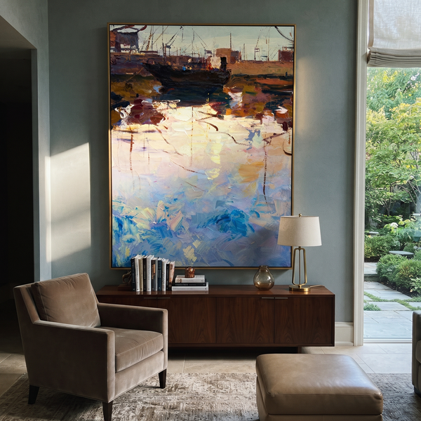 "Harbor Boat Reflection Textured Painting" - Modern Heavy Impasto Coastal Landscape | Blue & Orange Palette Knife Painting | Luxury Vertical Wall Art #PT 601