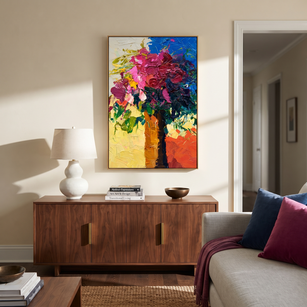"Vivid Impasto Flower Bouquet Painting" - Modern Heavy Impasto Floral Abstract | Pink & Blue Palette Knife Painting | Luxury Vertical Wall Art #PT 609