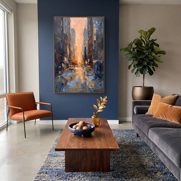 "Rainy City Street Abstract Painting" - Modern Heavy Impasto Abstract Artwork | Grey & Blue Palette Knife Painting | Luxury Vertical Wall Art #PT 632
