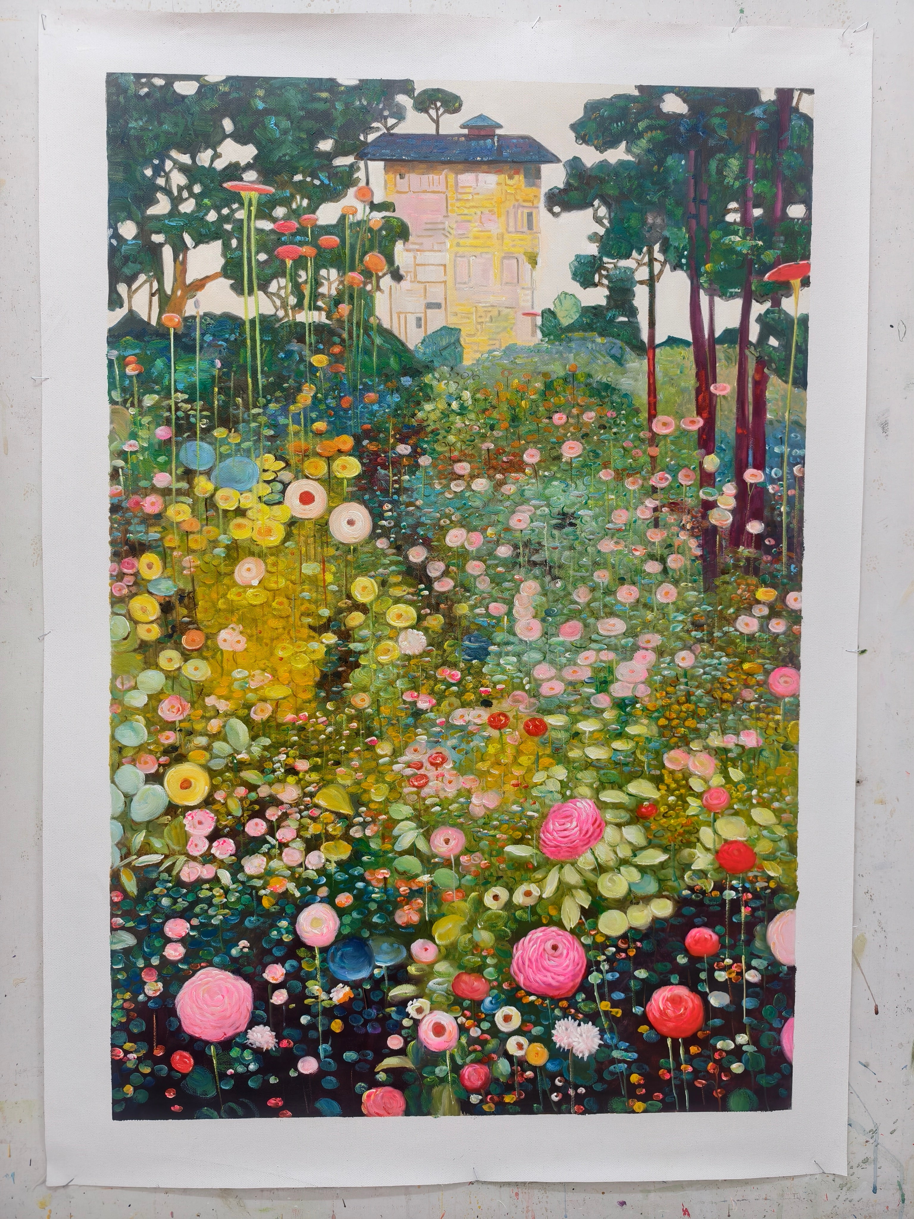 "Summer Secret Garden" – Klimt-Inspired Decorative Floral Oil Painting | Vintage Pastoral Villa Bedroom Wall Art#FL314