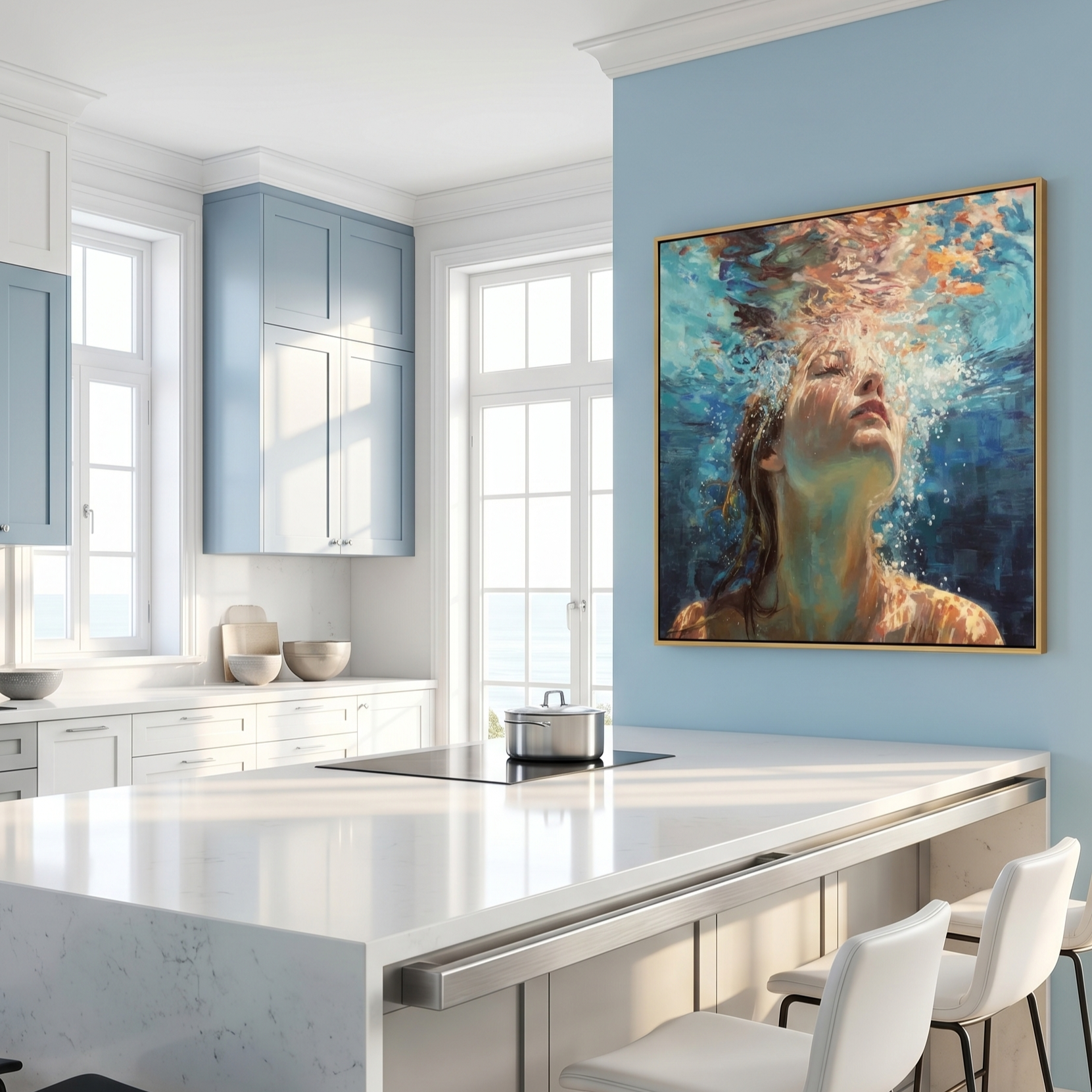 "Deep Blue Breath" – Impressionist Underwater Woman Oil Painting | Serene Light & Shadow Figurative Wall Art#PE369