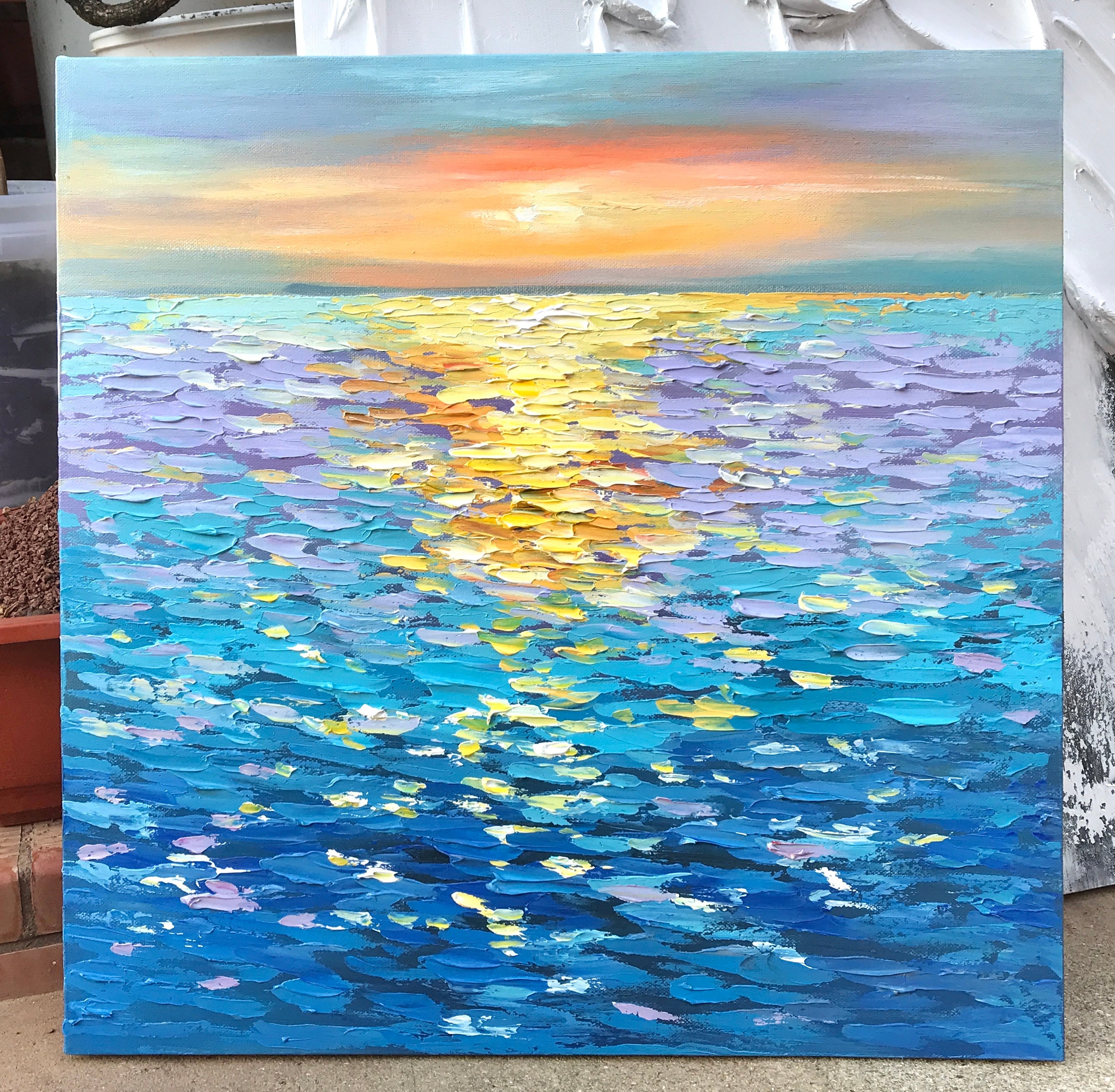 "Golden Ripples" – Impressionist Sunset Seascape Impasto Painting | Modern Healing Style Blue Ocean Wall Art#BE037