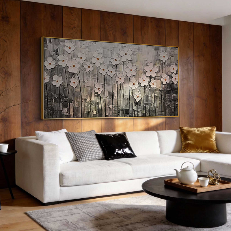 "Silver Floral Tide" - Textured Floral Art | 3D Grey & White Impasto Canvas Painting | Luxury Canvas Wall Art #PT 516