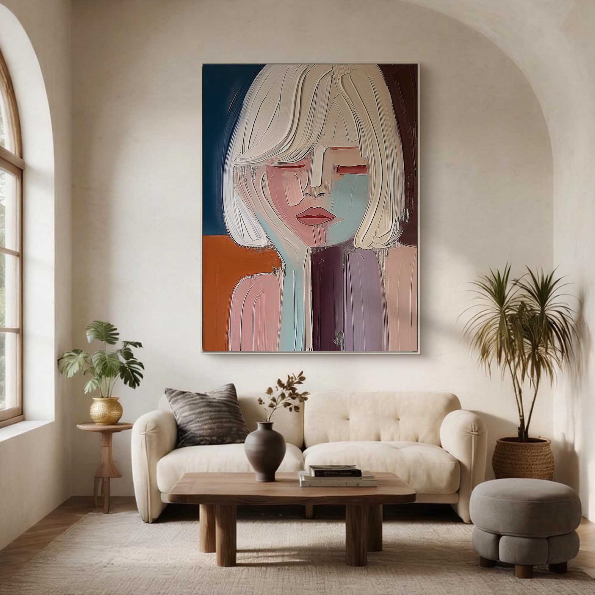 "Quiet Muse" – Modern Heavy Impasto Portrait | Morandi Palette Textured Minimalist Healing Wall Art#PE491