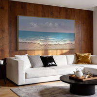 "Beach & Ocean Art" is a 100% hand-painted seascape created with professional oil and acrylic paints on high-quality canvas. Its beige & blue palette and visible textured strokes give every piece authentic handmade variation and tactile depth.