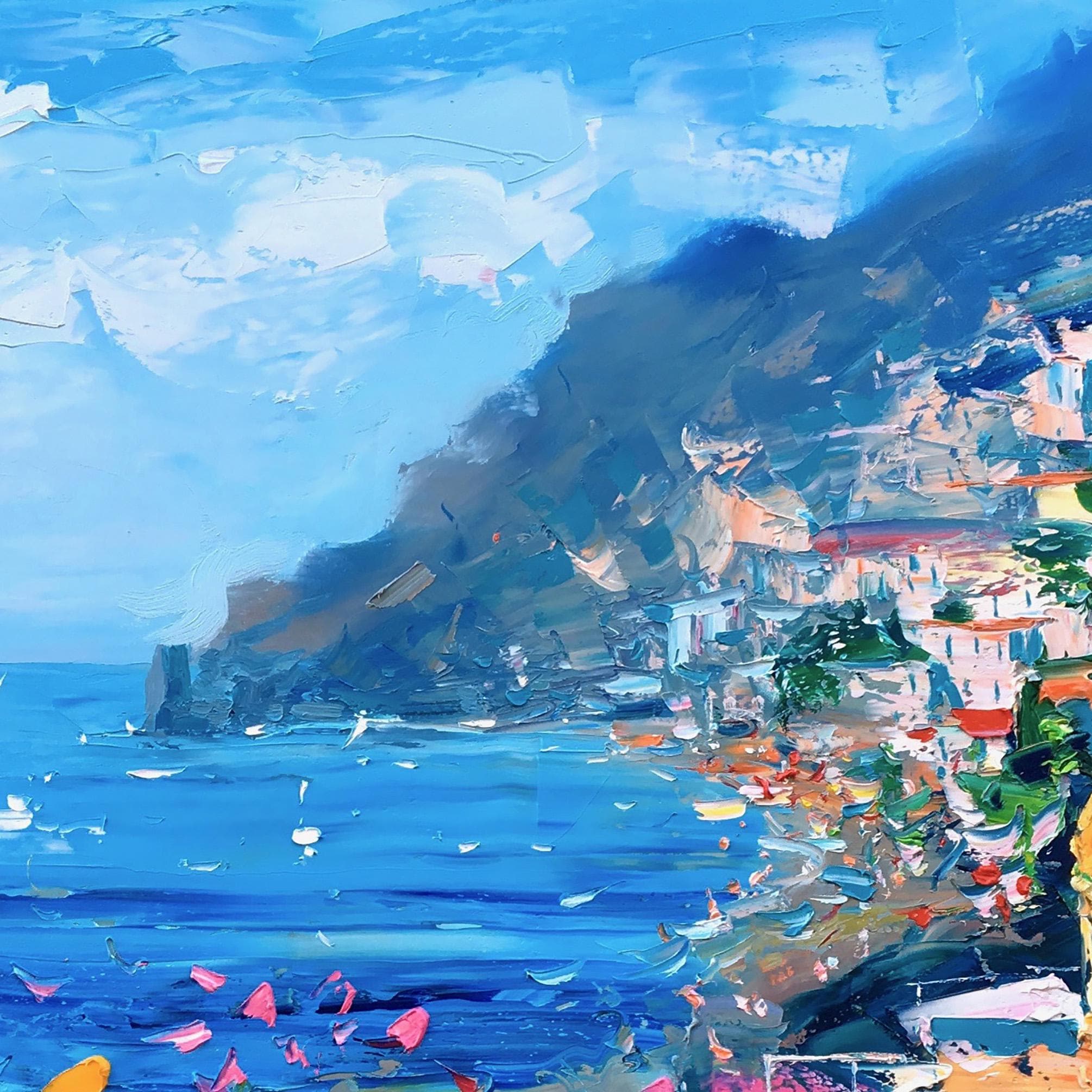 "Coastal Bloom Vista" - Colorful Mediterranean Seascape | Heavy Impasto Blue Ocean & Floral Palette Knife Painting | Luxury Horizontal Wall Art #PT 590