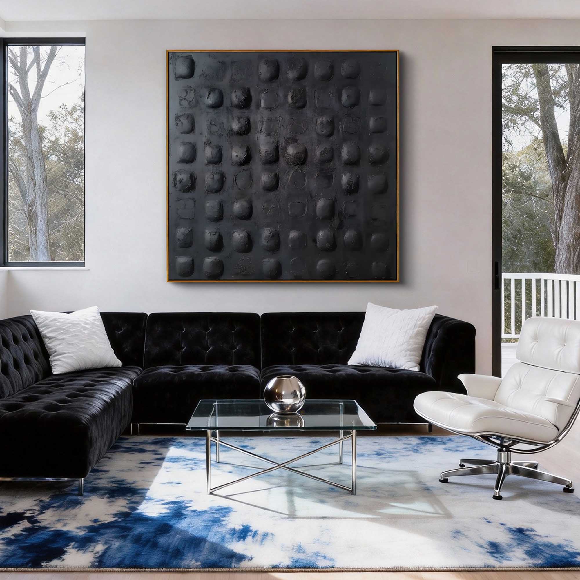 "Obsidian Pulse" – Dark Minimalist 3D Matrix Relief | Hand-Textured Carbon-Black Abstract Painting for Luxury Interiors #WS 233