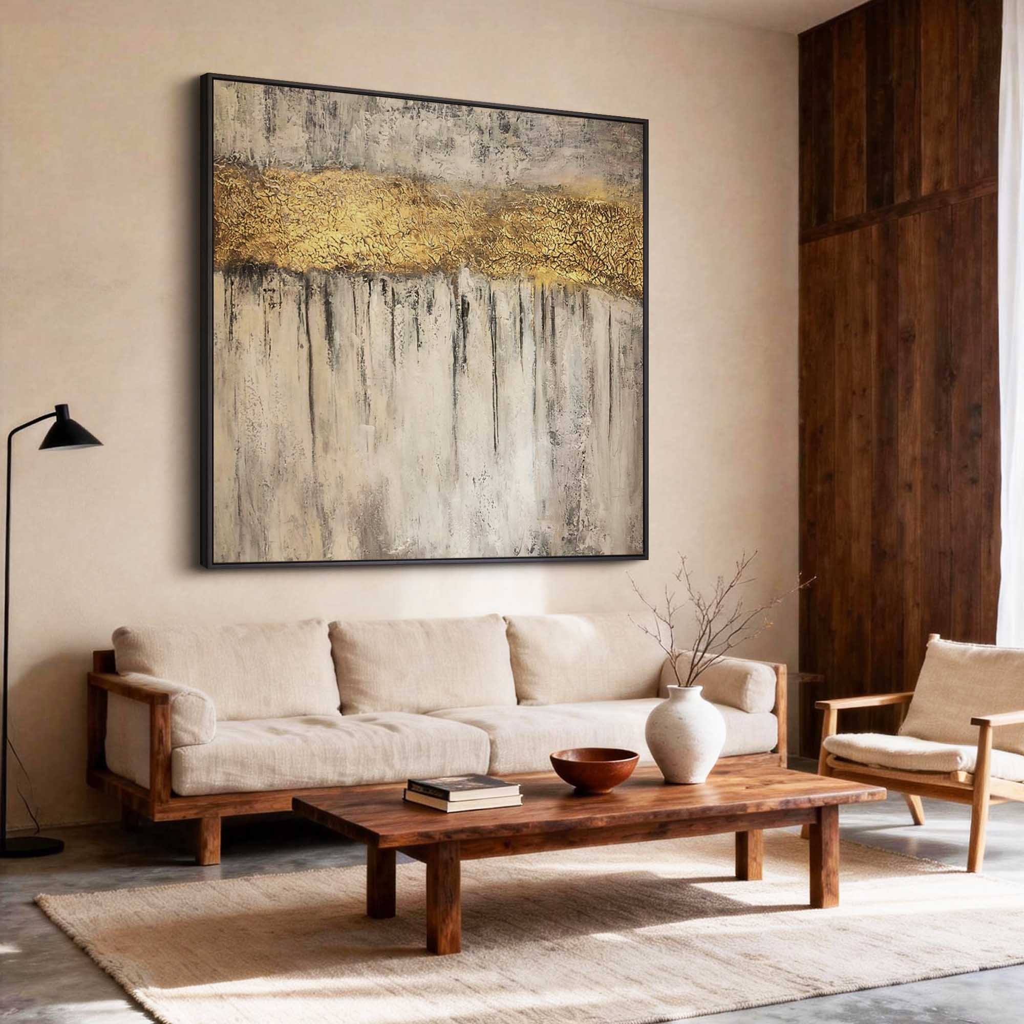 "Golden Crevice" – Luxury 3D Sculptural Gold Leaf Relief | Modern Wabi-Sabi Grey Texture Mansion Statement Art#WS 219