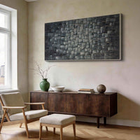 "Midnight Geometric Flow" is a 100% hand-painted geometric abstract created with professional oil and acrylic paints on high-quality canvas. Its black & grey palette and visible textured strokes give every piece authentic handmade variation and tactile depth.