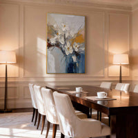 "Azure Petal Cascade" is a 100% hand-painted floral artwork created with professional oil and acrylic paints on high-quality canvas. Its blue & gold palette and visible textured strokes give every piece authentic handmade variation and tactile depth.