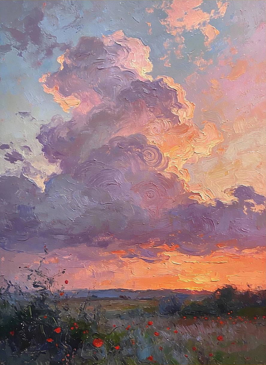 "Lavender Sunset Poppy Meadow" – Modern Heavy Impasto Impressionist Landscape | 3D Dusk Violet & Tangerine Glow Palette Knife Painting | Luxury Vertical Wall Art #PT 571