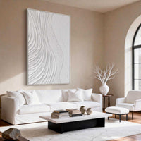 "Ivory Gentle Divide" is a 100% hand-painted minimalist abstract created with professional oil and acrylic paints on high-quality canvas. Its white palette and visible textured strokes give every piece authentic handmade variation and tactile depth.