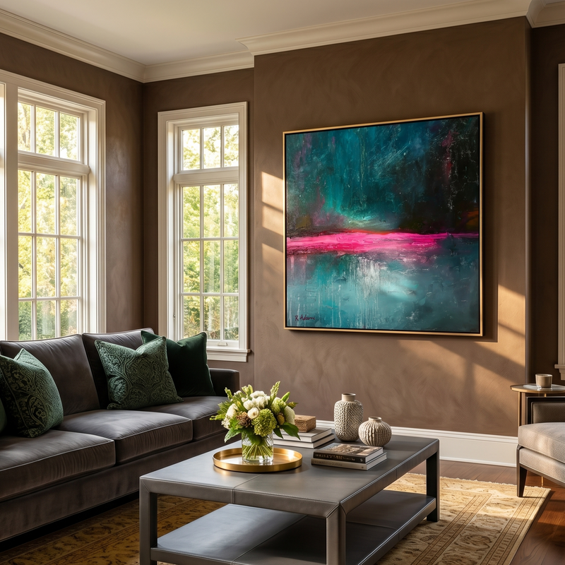 "Cyber Horizon" – Deep Midnight Green & Neon Pink Abstract Painting | Avant-Garde Industrial Style Wall Art#AB1017