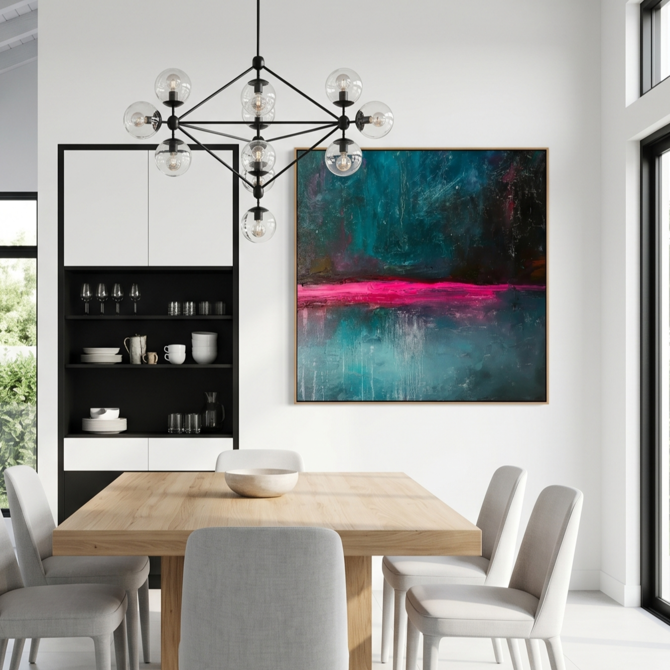 "Cyber Horizon" – Deep Midnight Green & Neon Pink Abstract Painting | Avant-Garde Industrial Style Wall Art#AB1017