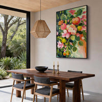 "Verdant Floral Current" is a 100% hand-painted floral artwork created with professional oil and acrylic paints on high-quality canvas. Its green & orange palette and visible textured strokes give every piece authentic handmade variation and tactile depth.
