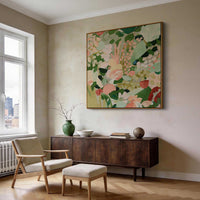 "Verdant Garden Whisper" is a 100% hand-painted floral artwork created with professional oil and acrylic paints on high-quality canvas. Its green & pink palette and visible textured strokes give every piece authentic handmade variation and tactile depth.