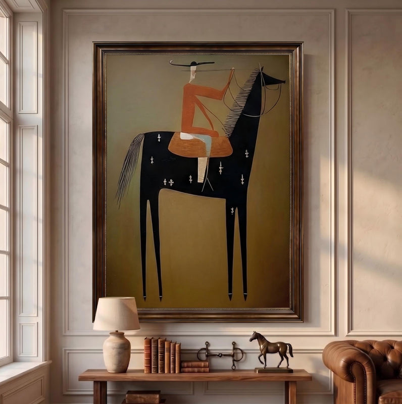 "Equestrian Reverie" - Modern Heavy Impasto Western Animal Artwork | Black & Golden Palette Knife Painting | Luxury Vertical Wall Art #PT 2657