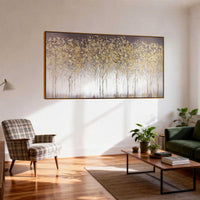 "Golden Tree Haze" - Modern Wabi-Sabi Landscape Painting | Gold Grey White Textured Panoramic Canvas Art | Luxury Horizontal Wall Art #WS 192