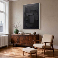 "Midnight Quiet Structure" is a 100% hand-painted minimalist abstract created with professional oil and acrylic paints on high-quality canvas. Its black palette and visible textured strokes give every piece authentic handmade variation and tactile depth.