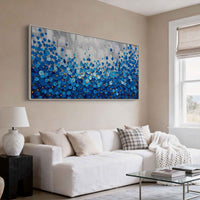 "Azure Floral Current" is a 100% hand-painted floral artwork created with professional oil and acrylic paints on high-quality canvas. Its blue & grey palette and visible textured strokes give every piece authentic handmade variation and tactile depth.