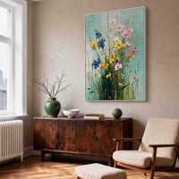 "Azure Garden Whisper" is a 100% hand-painted floral artwork created with professional oil and acrylic paints on high-quality canvas. Its blue & green palette and visible textured strokes give every piece authentic handmade variation and tactile depth.