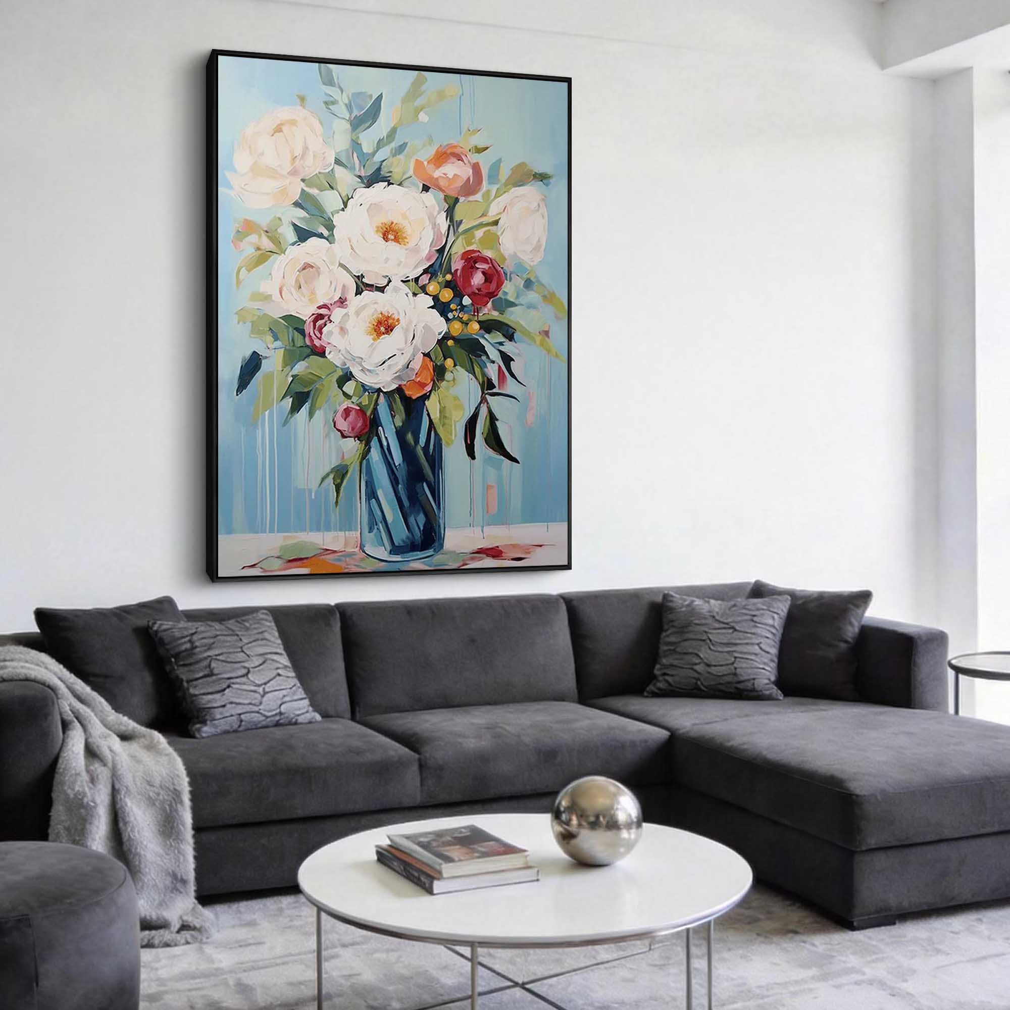 "Azure Bloom" – Modern Expressive Peony Floral Oil Painting | Refreshing Sky Blue Healing Style Wall Art #FL310