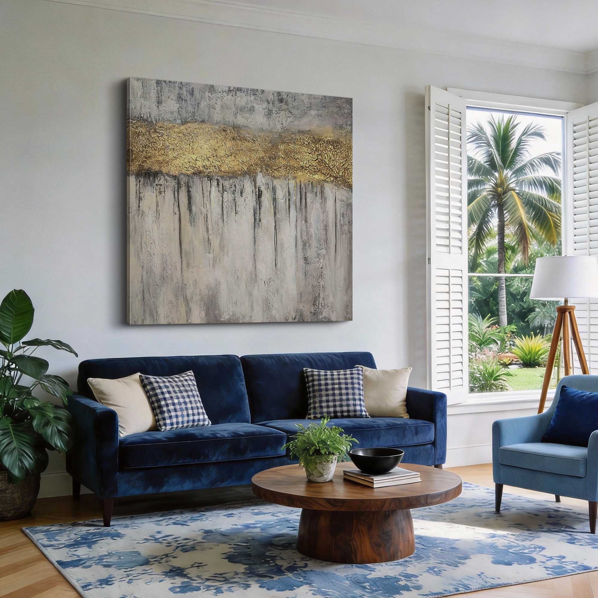"Golden Crevice" – Luxury 3D Sculptural Gold Leaf Relief | Modern Wabi-Sabi Grey Texture Mansion Statement Art#WS 219