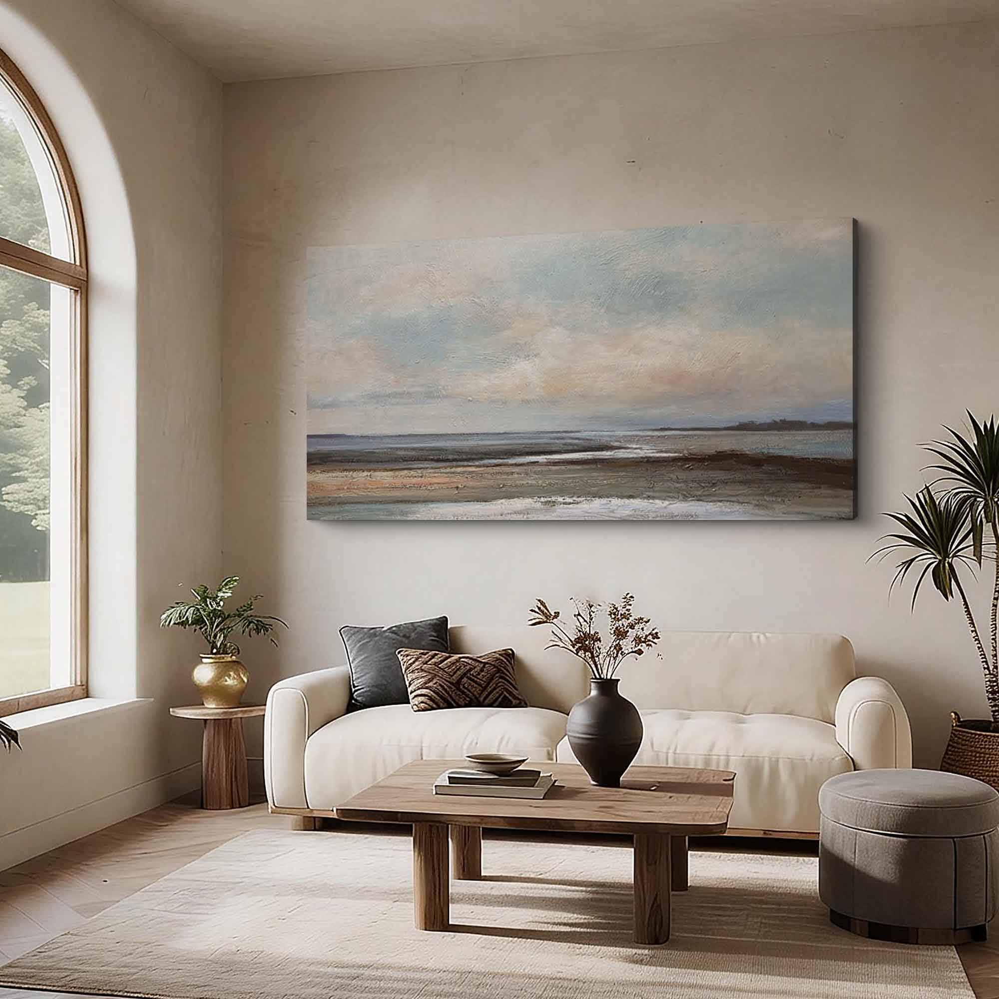 "The Coastal Prelude" – Modern Impressionist Vast Seascape | Ethereal Blue & Earth Tone Horizontal Gallery Art #LC152