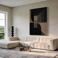 "Beige Black Plane" - Modern Wabi-Sabi Abstract Painting | Beige Black Textured Canvas Art | Luxury Vertical Wall Art #WS 155