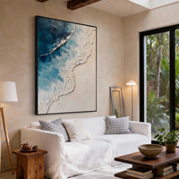 "Beach & Ocean Art" is a 100% hand-painted seascape created with professional oil and acrylic paints on high-quality canvas. Its blue & white palette and visible textured strokes give every piece authentic handmade variation and tactile depth.