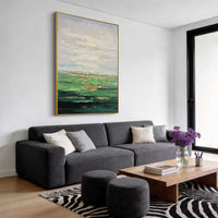 "Golden Quiet Motion" is a 100% hand-painted abstract artwork created with professional oil and acrylic paints on high-quality canvas. Its gold & green palette and visible textured strokes give every piece authentic handmade variation and tactile depth.