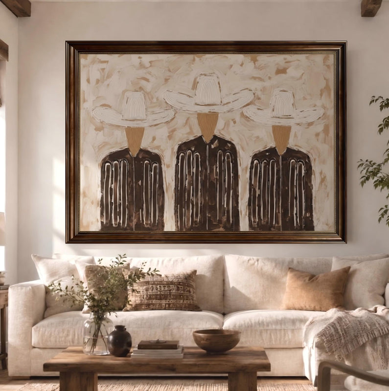 "Trinity in Linen" - Modern Heavy Impasto Abstract Artwork | Black & Golden Palette Knife Painting | Luxury Horizontal Wall Art #PT 2655