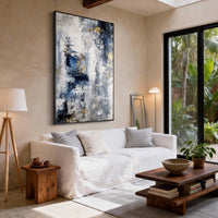"Azure Layered Current" is a 100% hand-painted abstract artwork created with professional oil and acrylic paints on high-quality canvas. Its blue & gold palette and visible textured strokes give every piece authentic handmade variation and tactile depth.