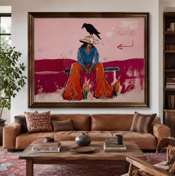"Crow’s Cowgirl" - Modern Heavy Impasto Western Animal Artwork | Pink Palette Knife Painting | Luxury Horizontal Wall Art #PT 2654
