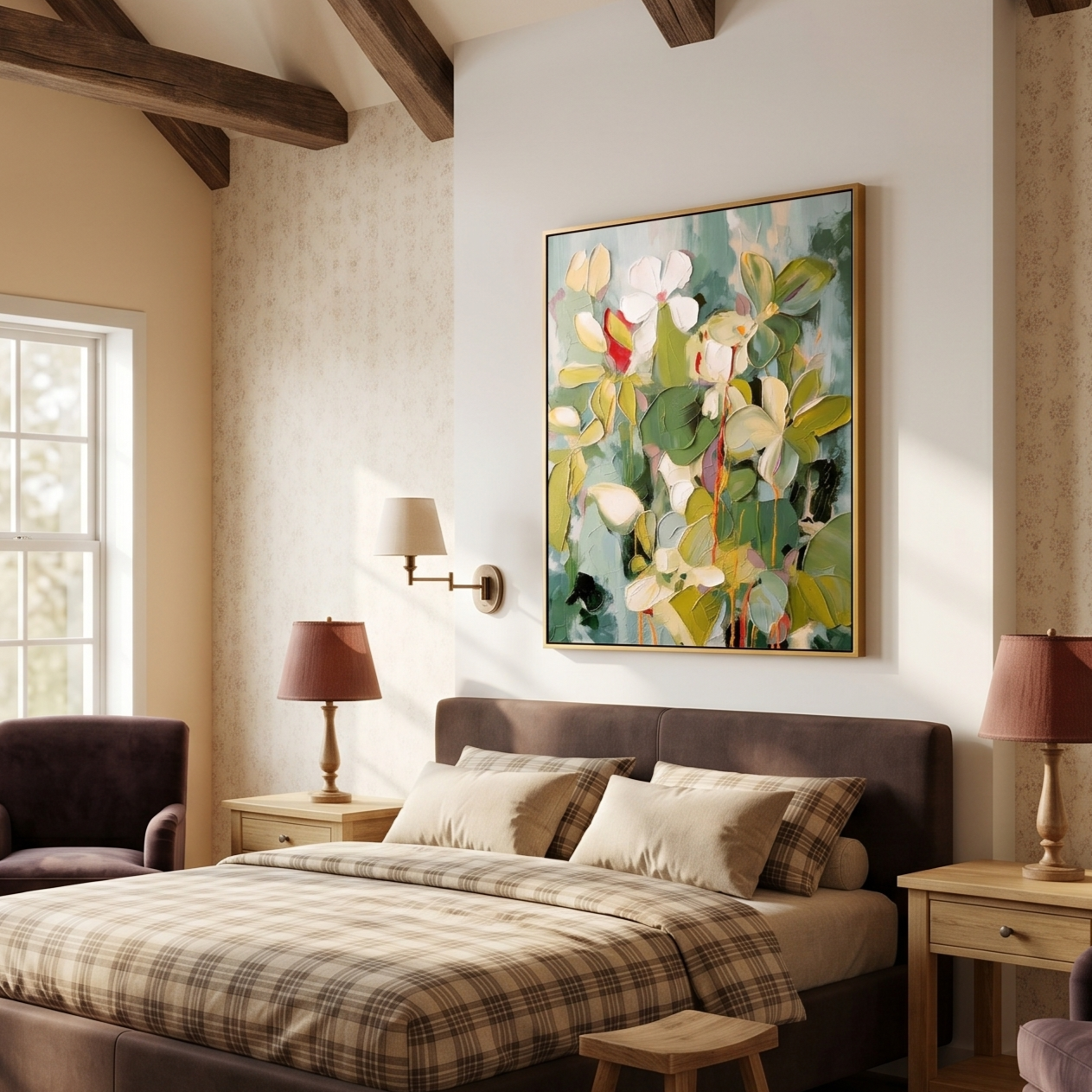 "Creamy Petals" – Sage Green Impasto Floral Oil Painting | Modern Minimalist Textured Bedroom Wall Art#FL312